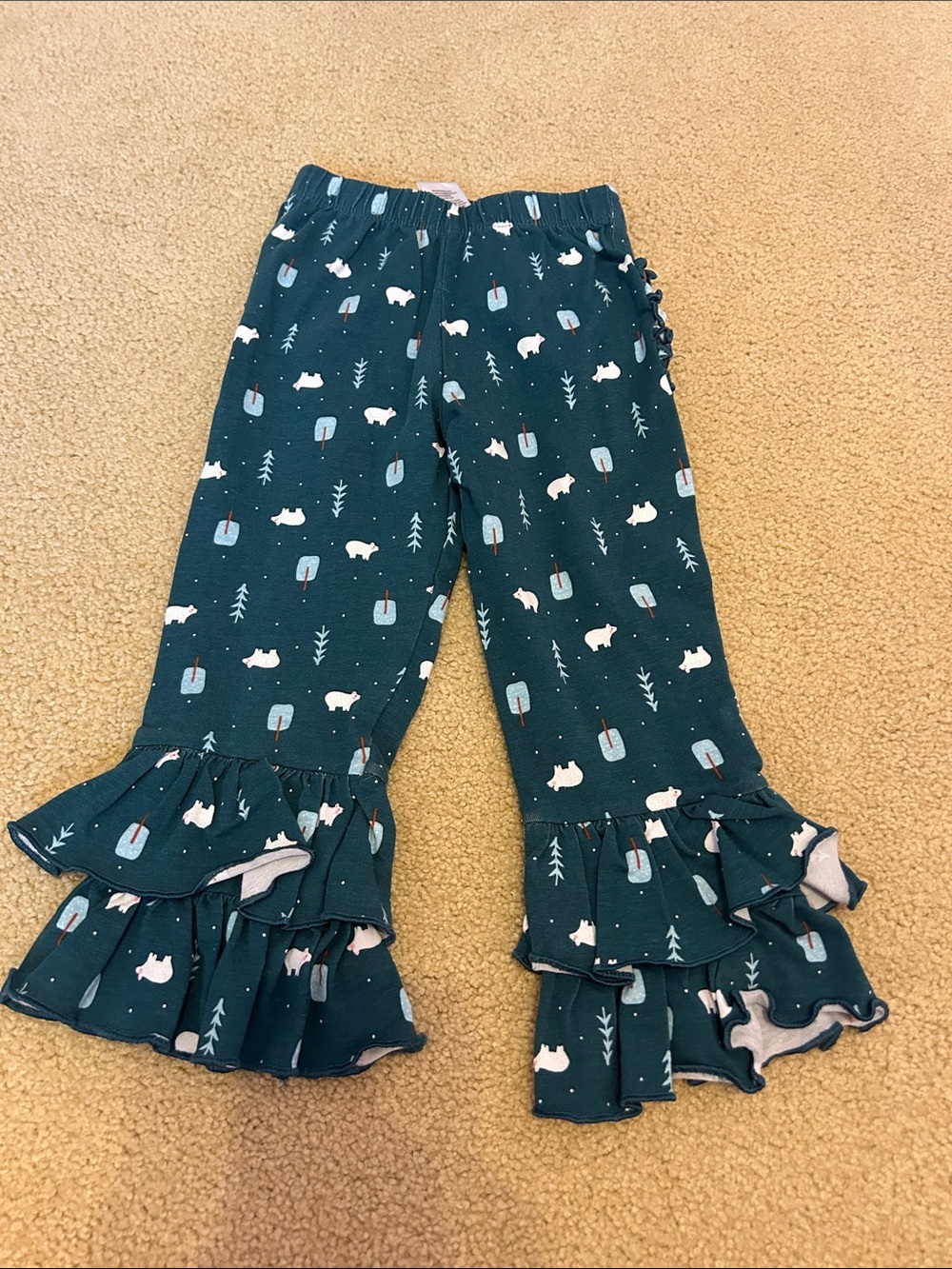 Ruffle Butts Teal Ruffle Hem Pants with Bear & Tree Print
